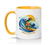 Sassy Souls Happiness Comes in Waves 11oz Ceramic Novelty Mug Frog Surfing Surfer Beach Life Tea Coffee Cup Gift Golden Yellow