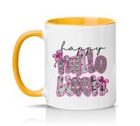 Sassy Souls Happy Halloween Womens 11oz Ceramic Novelty Mug Pink Gothic Lace Pattern Tea Coffee Cup Gift Golden Yellow