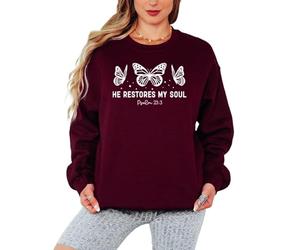 Sassy Souls He Restores My Soul Psalm 23:3 Christian Faith Womens Sweatshirt Butterfly Scripture Design Ladies Pullover Jumper L Maroon