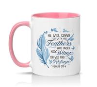 Sassy Souls He Will Cover You with His Feathers and Under His Wings You Will Find Refuge Psalm 91:4 11oz Ceramic Novelty Mug Christian Faith Tea Coffee Cup Pink