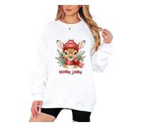 Sassy Souls Holly Jolly Fawn Christmas Holiday Womens Sweatshirt Winter Graphic Pullover Jumper Festive Deer For Her S (34-36) White