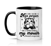 Sassy Souls I Try to Be A Nice Person But Sometimes My Mouth Doesnt Cooperate 11oz Ceramic Novelty Mug Sarcastic Cat Lovers Tea Coffee Cup Gift Black