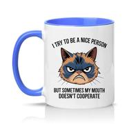 Sassy Souls I Try to Be A Nice Person But Sometimes My Mouth Doesnt Cooperate 11oz Ceramic Novelty Mug Sarcastic Cat Lovers Tea Coffee Cup Gift Blue