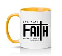 Sassy Souls I Will Walk By Faith Even When I Cannot See 2 Corinthians 5 7 11oz Ceramic Novelty Mug Bible Verse Religious Tea Coffee Cup Gift Golden Yellow