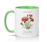 Sassy Souls January Carnation Devotion Love Royalty Womens 11oz Ceramic Novelty Mug January Birth Flower Tea Coffee Cup Gift Green