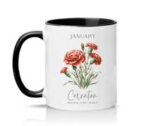 Sassy Souls January Carnation Devotion Love Royalty Womens 11oz Ceramic Novelty Mug January Birth Flower Tea Coffee Cup Gift Black