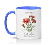Sassy Souls January Carnation Devotion Love Royalty Womens 11oz Ceramic Novelty Mug January Birth Flower Tea Coffee Cup Gift Blue