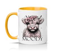 Sassy Souls Just A Little Moody Womens 11oz Ceramic Novelty Mug Highland Cow Floral Animal Tea Coffee Cup Gift Golden Yellow