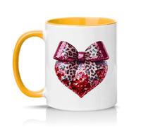 Sassy Souls Leopard Print Bow Sequin Heart Womens 11oz Ceramic Novelty Mug Girly Aesthetic Tea Coffee Cup Gift Golden Yellow