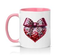 Sassy Souls Leopard Print Bow Sequin Heart Womens 11oz Ceramic Novelty Mug Girly Aesthetic Tea Coffee Cup Gift Pink