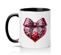 Sassy Souls Leopard Print Bow Sequin Heart Womens 11oz Ceramic Novelty Mug Girly Aesthetic Tea Coffee Cup Gift Black