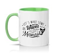 Sassy Souls Lets Make Some Waves and Kiss A Mermaid Womens 11oz Ceramic Novelty Mug Nautical Sea Life Tea Coffee Cup Gift Green