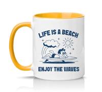 Sassy Souls Life is A Beach Enjoy The Waves 11oz Ceramic Novelty Mug Surfing Beach Lovers Tea Coffee Cup Gift Golden Yellow