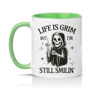 Sassy Souls Life is Grim But Im Still Smilin 11oz Ceramic Novelty Mug Grim Reaper Dark Humour Tea Coffee Cup Gift Green