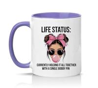 Sassy Souls Life Status Currently Holding It All Together with A Single Bobby Pin Womens 11oz Ceramic Novelty Mug Messy Bun Humour Tea Coffee Cup Gift Light Purple