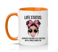 Sassy Souls Life Status Currently Holding It All Together with A Single Bobby Pin Womens 11oz Ceramic Novelty Mug Messy Bun Humour Tea Coffee Cup Gift Orange