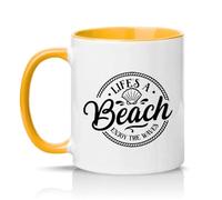 Sassy Souls Lifes A Beach Enjoy The Waves 11oz Ceramic Novelty Mug Nautical Beach Lovers Tea Coffee Cup Golden Yellow