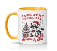 Sassy Souls Look At Me Being All Festive & Shit 11oz Ceramic Novelty Mug Sarcastic Christmas Raccoon Trash Panda Tea Coffee Cup Secret Santa Stocking Filler Gift Golden Yellow