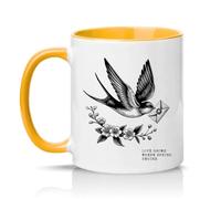 Sassy Souls Love Grows Where Spring Begins 11oz Ceramic Novelty Mug Vintage Swallow Nature Tea Coffee Cup Gift Golden Yellow
