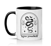 Sassy Souls Love Yourself 11oz Ceramic Novelty Mug Celestial Snake Self Care Tea Coffee Cup Gift Black