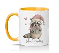Sassy Souls Merry Mischief Womens 11oz Ceramic Novelty Mug Raccoon Christmas Animal Tea Coffee Cup Gift Golden Yellow
