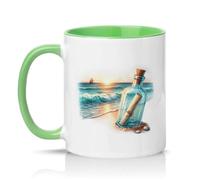 Sassy Souls Message in A Bottle Beach Sunset 11oz Ceramic Novelty Mug Nautical Ocean Coastal Art Tea Coffee Cup Gift Green