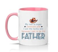 Sassy Souls My Son is Super Awesome and I Am The Lucky One Because I Get to Be His Father 11oz Ceramic Novelty Mug Father Son Tea Coffee Cup Pink
