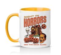 Sassy Souls Night of Horrors See The Dead Alive 11oz Ceramic Novelty Mug Retro Horror Halloween Tea Coffee Cup Golden Yellow