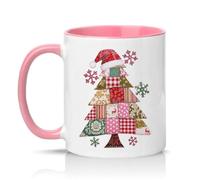 Sassy Souls Patchwork Christmas Tree 11oz Ceramic Novelty Mug Shabby Chic Rustic Holiday Tea Coffee Cup Xmas Gift Pink