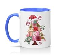 Sassy Souls Patchwork Christmas Tree 11oz Ceramic Novelty Mug Shabby Chic Rustic Holiday Tea Coffee Cup Xmas Gift Blue