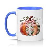 Sassy Souls Patchwork Quilted Floral Pumpkin 11oz Ceramic Novelty Mug Shabby Chic Autumn Tea Coffee Cup Gift Blue