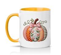 Sassy Souls Patchwork Quilted Floral Pumpkin 11oz Ceramic Novelty Mug Shabby Chic Autumn Tea Coffee Cup Gift Golden Yellow