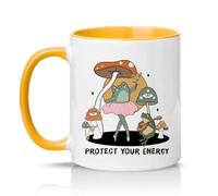 Sassy Souls Protect Your Energy 11oz Ceramic Novelty Mug Frog Mushroom Cottagecore Tea Coffee Cup Gift Golden Yellow