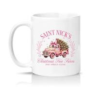 Sassy Souls Saint Nicks Christmas Tree Farm Pine Spruce Cedar Womens 11oz Ceramic Novelty Mug Pink Vintage Truck Christmas Tea Coffee Cup Gift White