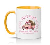Sassy Souls Saint Nicks Christmas Tree Farm Pine Spruce Cedar Womens 11oz Ceramic Novelty Mug Pink Vintage Truck Christmas Tea Coffee Cup Gift Golden Yellow