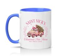 Sassy Souls Saint Nicks Christmas Tree Farm Pine Spruce Cedar Womens 11oz Ceramic Novelty Mug Pink Vintage Truck Christmas Tea Coffee Cup Gift Blue