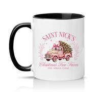 Sassy Souls Saint Nicks Christmas Tree Farm Pine Spruce Cedar Womens 11oz Ceramic Novelty Mug Pink Vintage Truck Christmas Tea Coffee Cup Gift Black