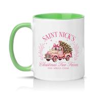 Sassy Souls Saint Nicks Christmas Tree Farm Pine Spruce Cedar Womens 11oz Ceramic Novelty Mug Pink Vintage Truck Christmas Tea Coffee Cup Gift Green