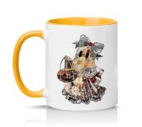 Sassy Souls Shabby Chic Patchwork Ghost Halloween Womens 11oz Ceramic Novelty Mug Cottagecore Tea Coffee Cup Gift Golden Yellow