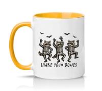 Sassy Souls Shake Your Bones 11oz Ceramic Novelty Mug Halloween Raccoon Dancing Skeleton Tea Coffee Cup Gift Golden Yellow