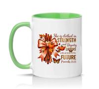 Sassy Souls She is Clothed in Strength and Dignity Proverbs 31 25 Womens 11oz Ceramic Novelty Mug Christian Faith Religious Tea Coffee Cup Gift Green