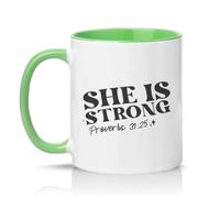 Sassy Souls She is Strong Proverbs 31 25 Womens 11oz Ceramic Novelty Mug Bible Verse Christian Tea Coffee Cup Gift Green