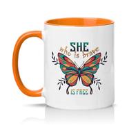 Sassy Souls She Who is Brave is Womens 11oz Ceramic Novelty Mug Women Empowerment Inspirational Butterfly Tea Coffee Cup Gift Orange