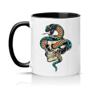 Sassy Souls Snake Coiled Through Skull 11oz Ceramic Novelty Mug Gothic Tattoo Art Serpent Skeletal Tea Coffee Cup Gift Black