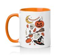 Sassy Souls Spooky Halloween Pumpkin Ghost Skull Pattern 11oz Ceramic Novelty Mug Halloween Tea Coffee Cup Gift Orange