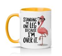 Sassy Souls Standing On One Leg Because Im Over It Womens 11oz Ceramic Novelty Mug Sarcastic Flamingo Animal Humour Tea Coffee Cup Gift Golden Yellow