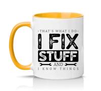 Sassy Souls Thats What I Do I Fix Stuff and I Know Things Mens 11oz Ceramic Novelty Mug Handyman DIY Humour Tea Coffee Cup Gift Golden Yellow