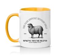 Sassy Souls The Olde Suffolk Woolen Mills Spring Thyme Blend Hand Washed Wool 11oz Ceramic Novelty Mug Sheep Vintage Farmhouse Tea Coffee Cup Gift Golden Yellow