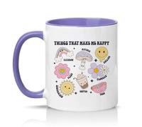 Sassy Souls Things that Make Me Happy 11oz Ceramic Novelty Mug Cute Doodle Art Positive Mood Humour Tea Coffee Cup Gift Light Purple
