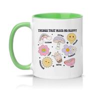 Sassy Souls Things that Make Me Happy 11oz Ceramic Novelty Mug Cute Doodle Art Positive Mood Humour Tea Coffee Cup Gift Green